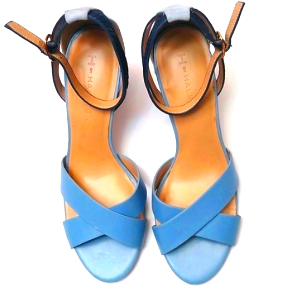 H by Halston Kaelyn Leather & Suede Strappy Block Heel Sandals, Blue, 8.5M